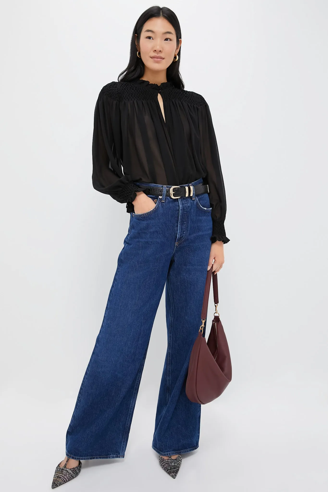 Black Sheer Smocked Rylie Blouse