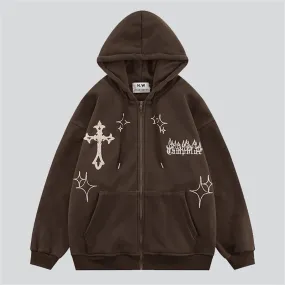 Cross Star Embroidery Zipper Hoodies