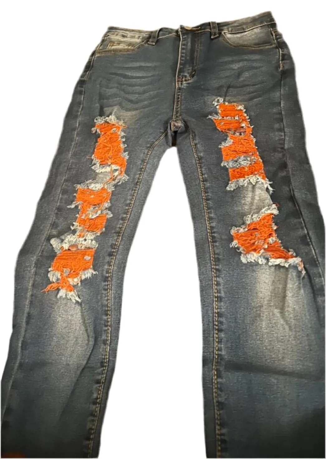 Distressed Ripped Denim Skinny Jeans With Slanted Pocket, Neon Orange, Tween