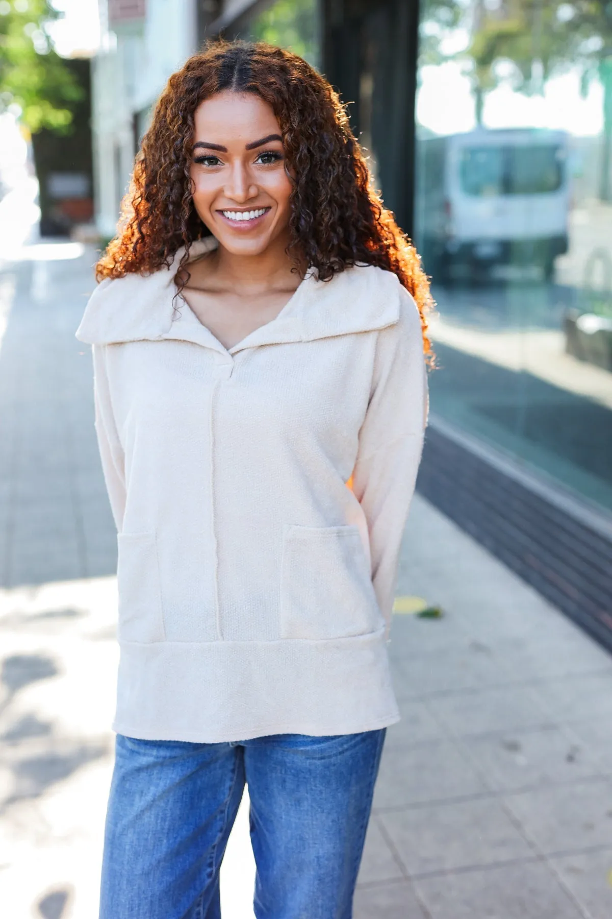 Easy Living Oatmeal Textured Knit Notch Neck Oversized Collar Sweater