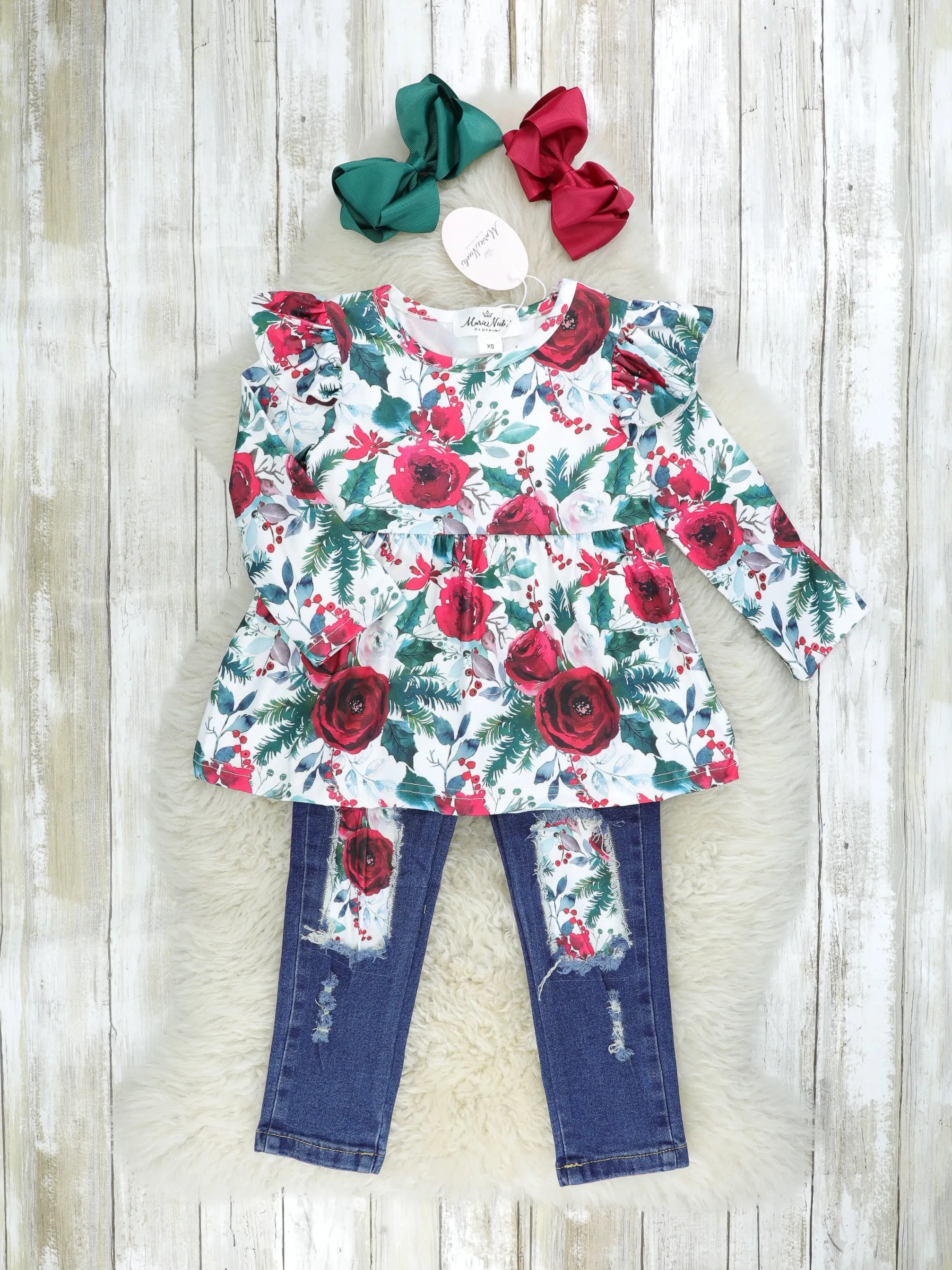 Hunter Green Rose Denim Outfit