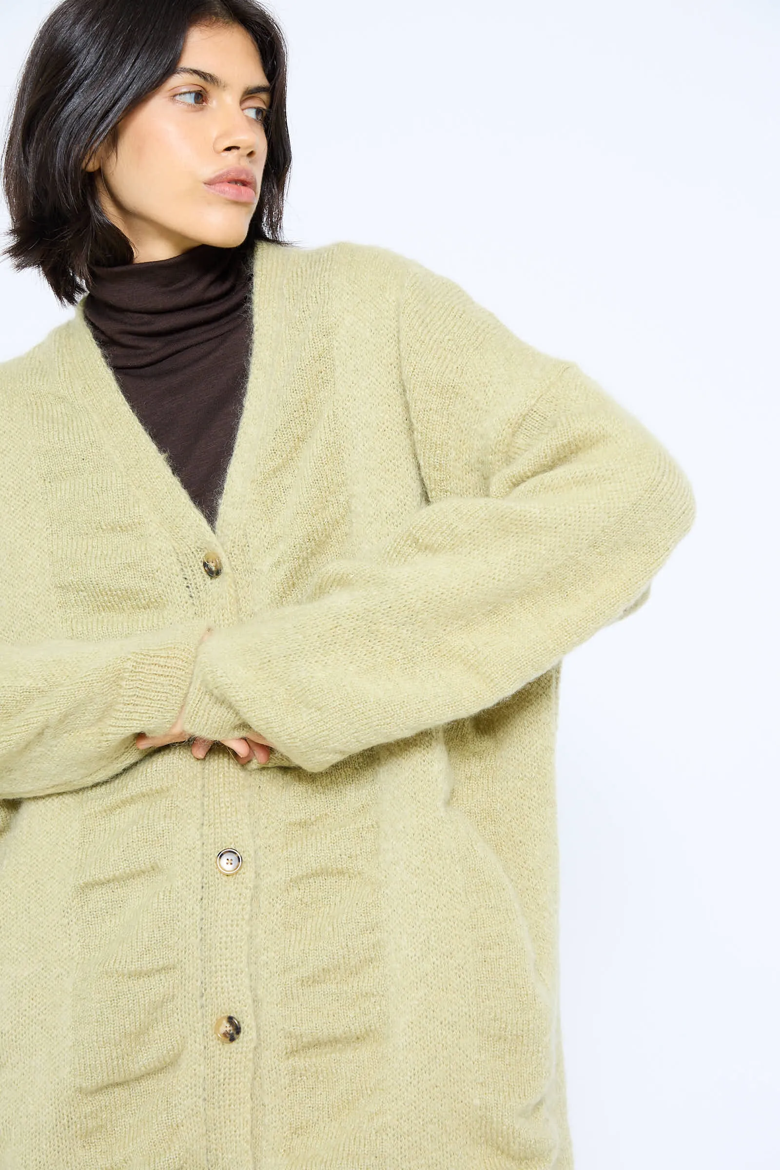 Japanese Mohair and Wool Waterfall Long Cardigan in Lime