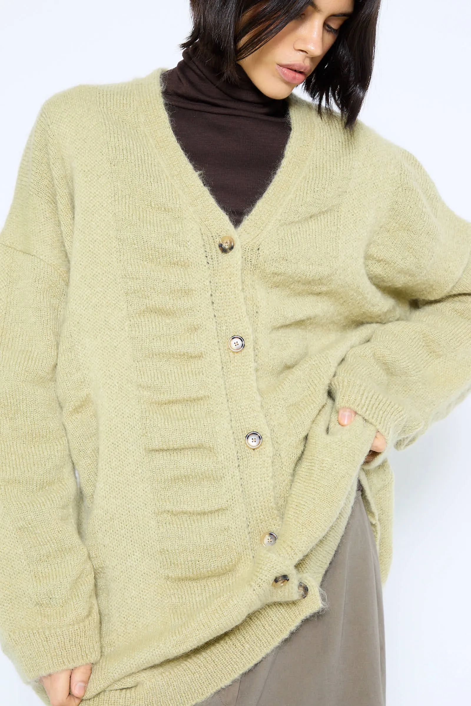 Japanese Mohair and Wool Waterfall Long Cardigan in Lime