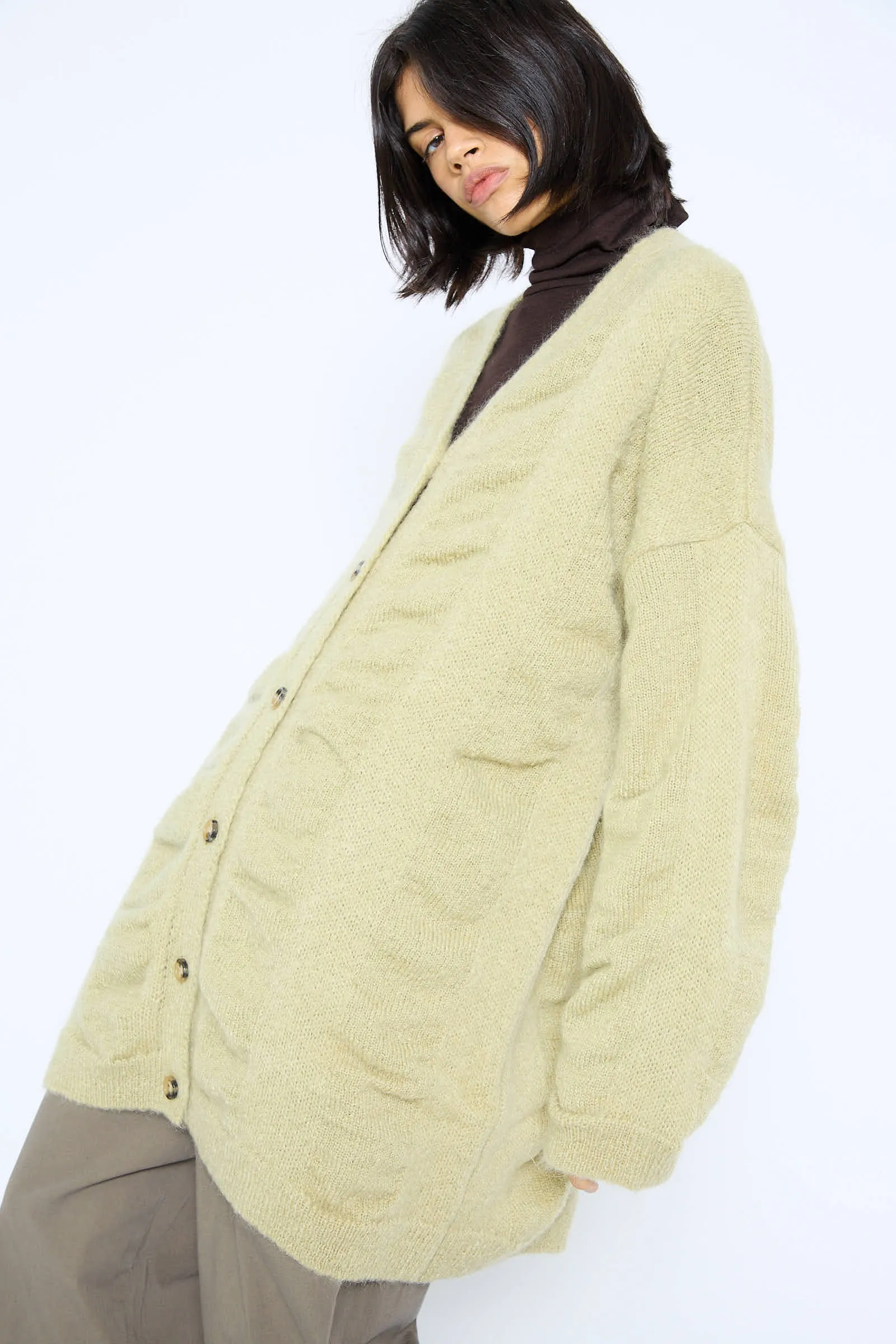 Japanese Mohair and Wool Waterfall Long Cardigan in Lime