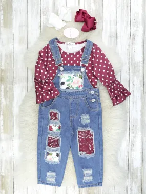 Maroon Polka Dot Ruffle Top & Distressed Denim Overall Outfit