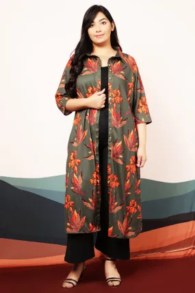 Marsh Green Leaf Print Kurta cum Shrug