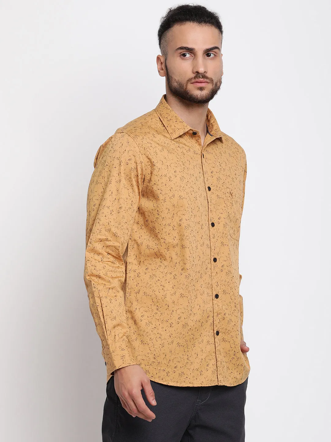 Men's Mustard Casual Abstract Print Full Sleeve Shirt