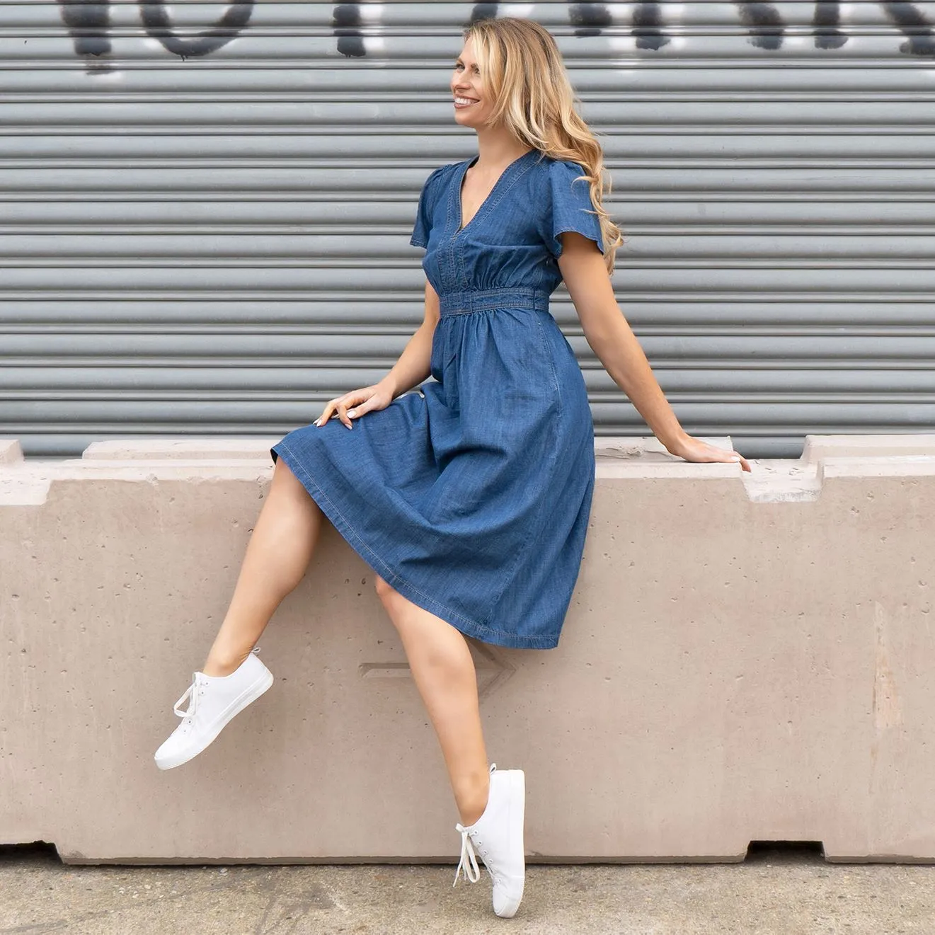 Monsoon Blue Denim V-Neck Short Sleeve Dress