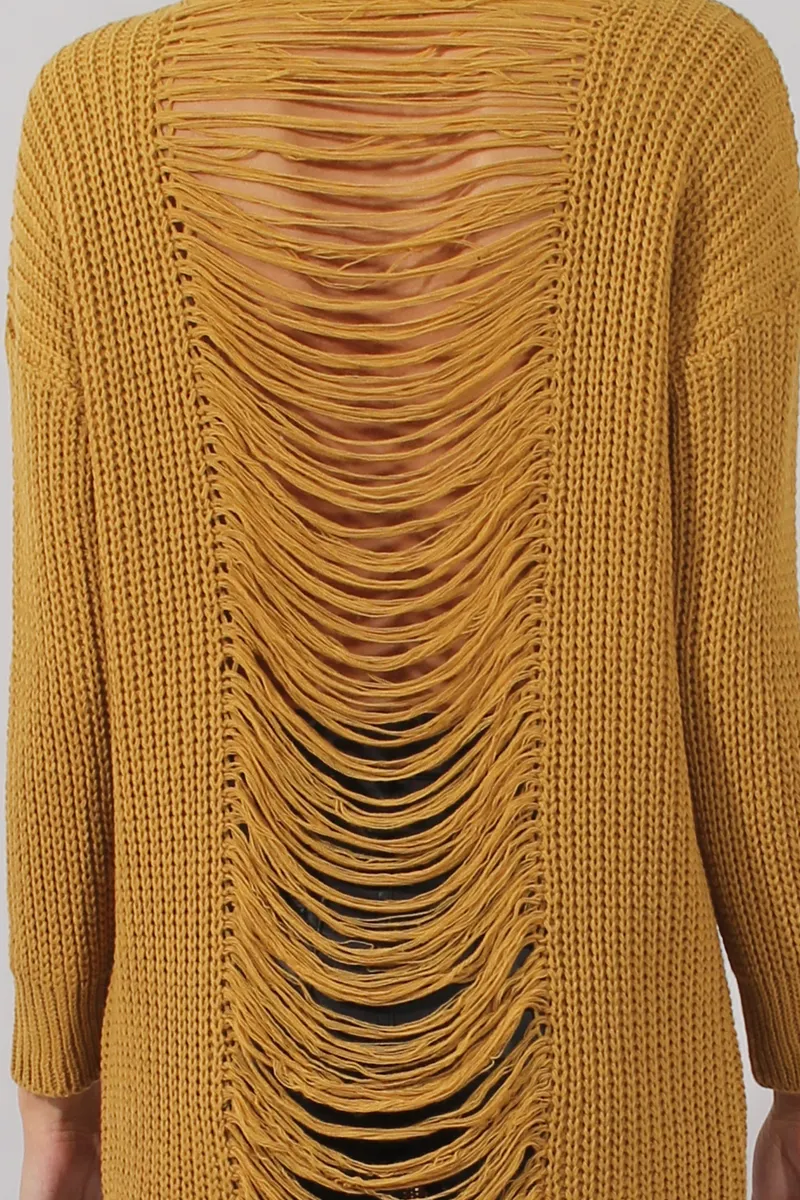 Mustard Knitted Distressed Back Jumper Dress - Cara