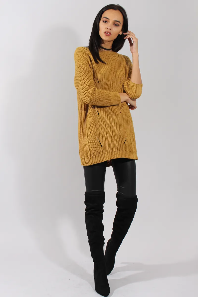 Mustard Knitted Distressed Back Jumper Dress - Cara