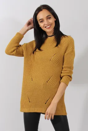 Mustard Knitted Distressed Back Jumper Dress - Cara