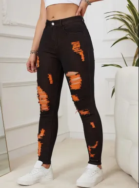 Neon Orange, Streetwear, Chic Distressed Skinny Jeans, Women’s