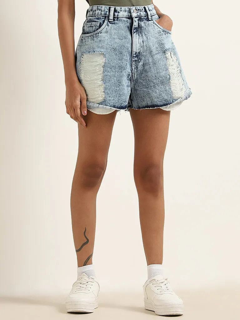 Nuon Blue Ripped High-Rise Denim Shorts