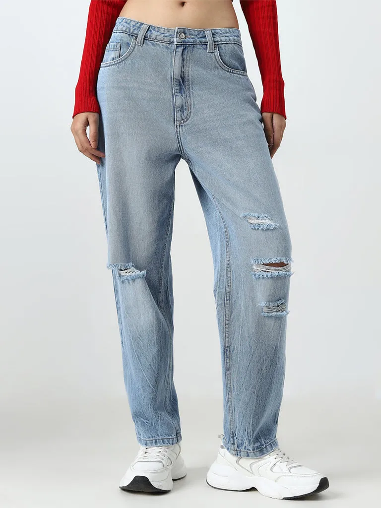 Nuon Light Blue Ripped Relaxed - Fit High - Rise Jeans