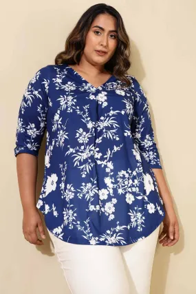 Plus Size Blue White Floral Print Centre Pleat Top