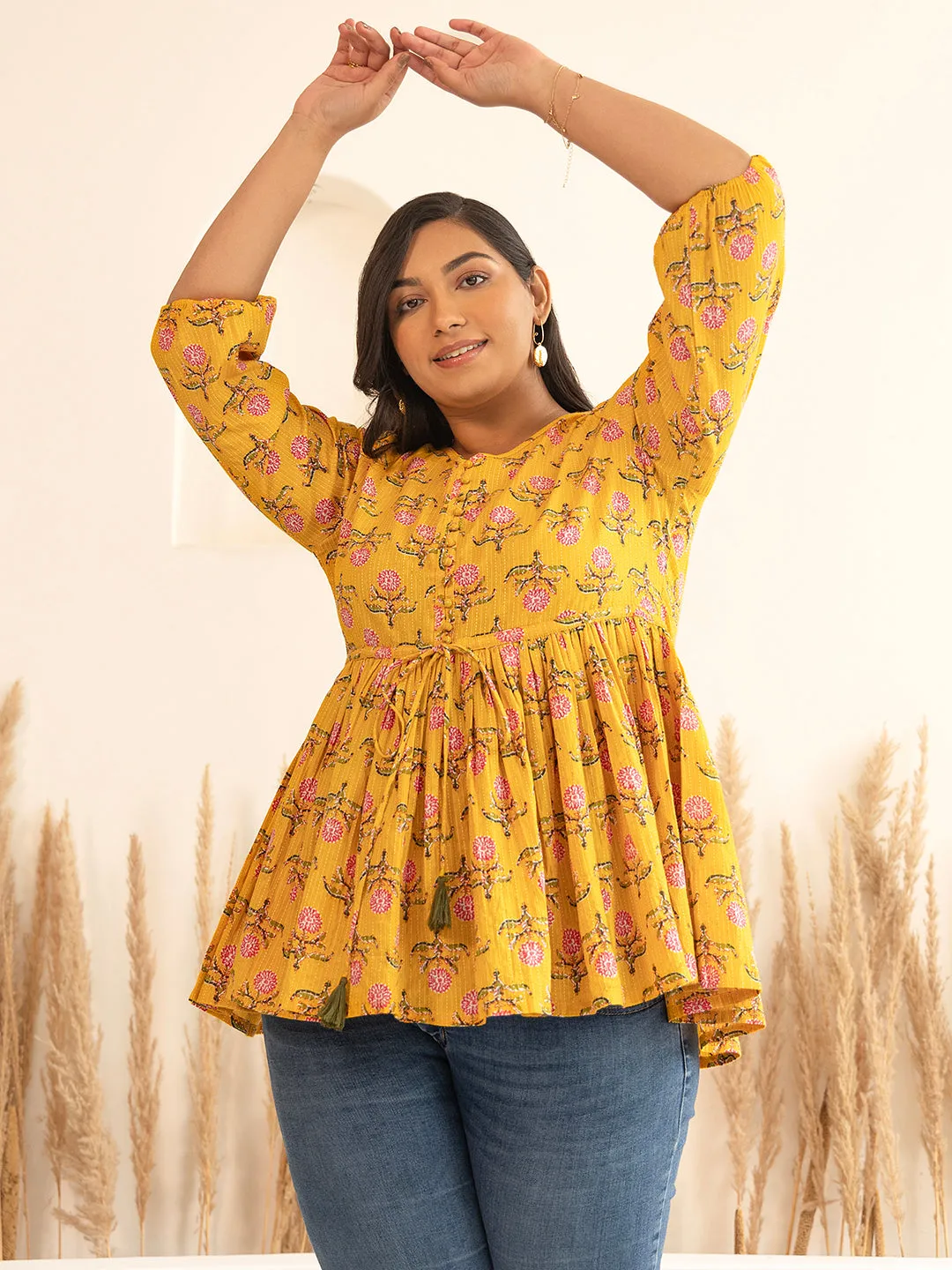 Plus Size Mustard Cotton Floral Fit & Flare Top