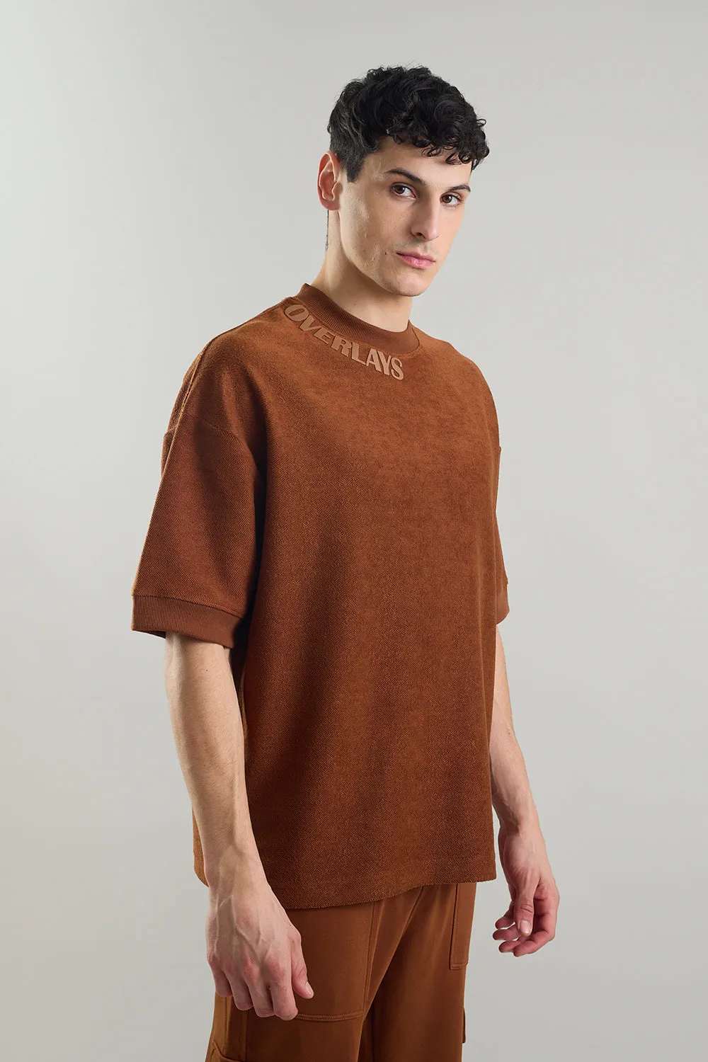 Textured Arc Brown Oversized Fit T-shirt