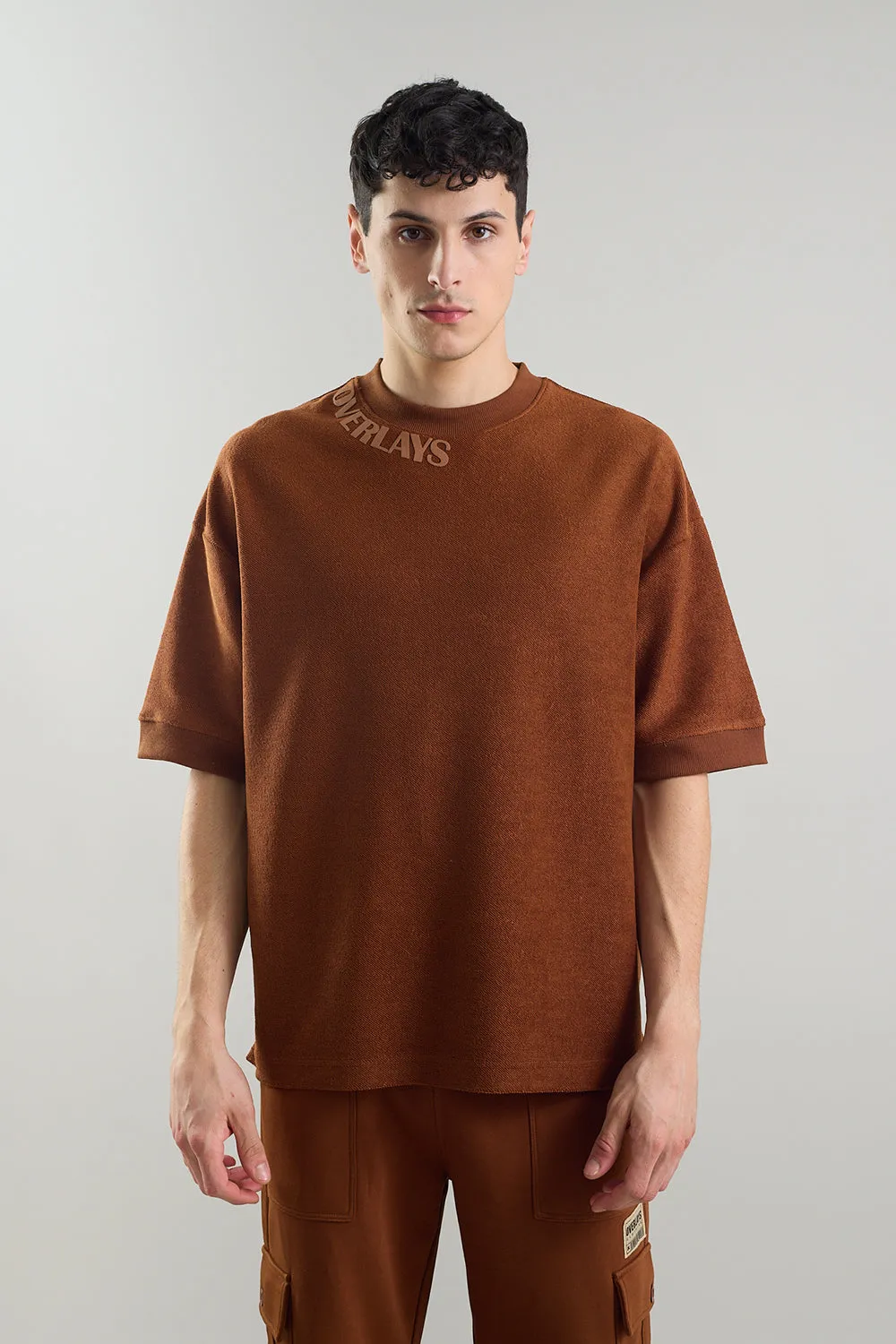 Textured Arc Brown Oversized Fit T-shirt