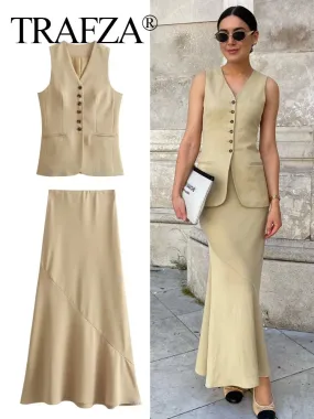 TRAFZA Women Vest Skirt Sets Female Khaki Long Blazer Vest V Neck Sleeveless Slim Top Elegant High Waist A Line Skirt Suit TRAF