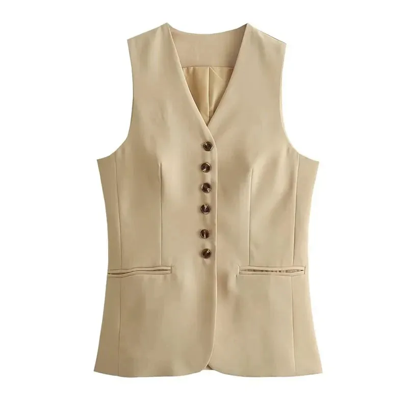 TRAFZA Women Vest Skirt Sets Female Khaki Long Blazer Vest V Neck Sleeveless Slim Top Elegant High Waist A Line Skirt Suit TRAF