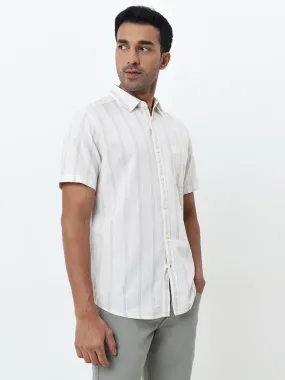 WES Casuals Light Beige Stripe Slim-Fit Blended Linen Shirt