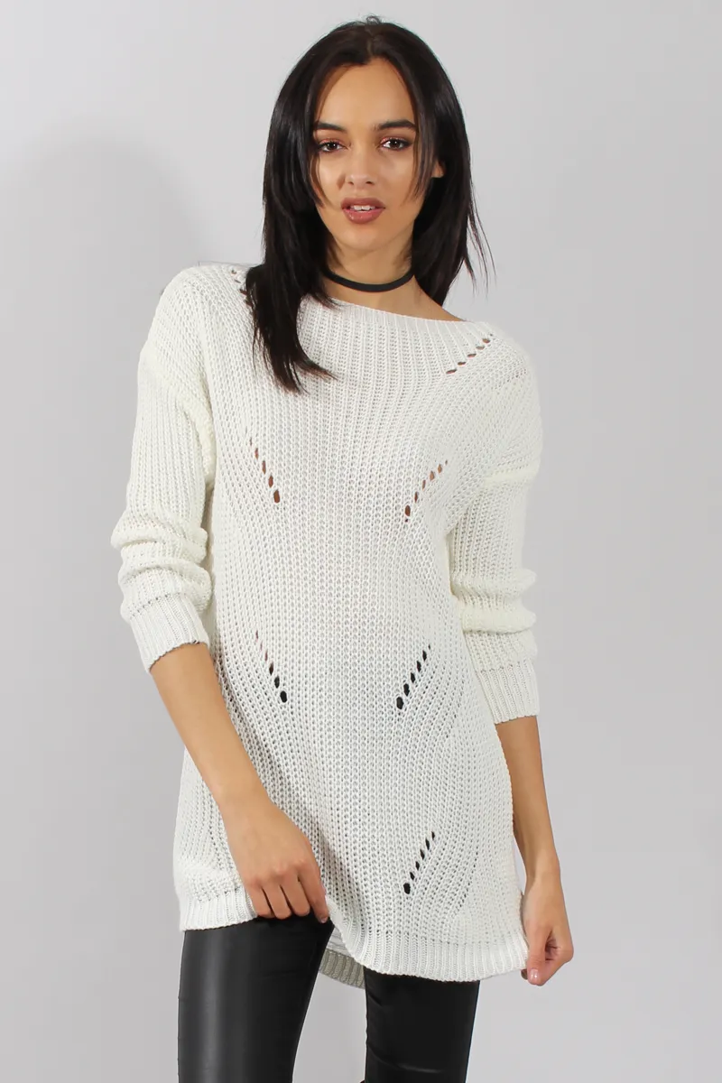 White Knitted Distressed Back Jumper Dress - Cara