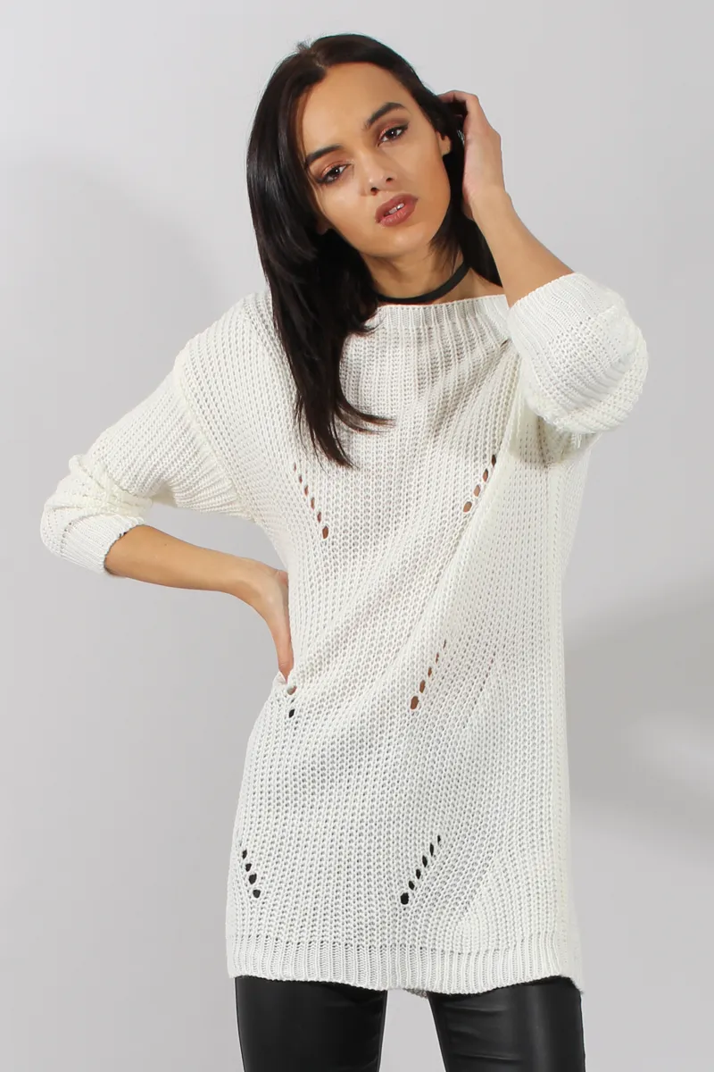 White Knitted Distressed Back Jumper Dress - Cara