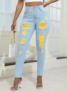 Yellow Distressed, Ripped Skinny, Waist Stretch, Denim Jeans